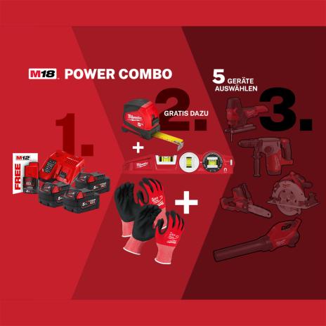 M18 Power Combo Pro Set 18 V + 2, 3 oder 5 Geräte zur Auswahl 3x 5,0 Ah 18 V Akkus | 5 Geräte Ihrer Wahl